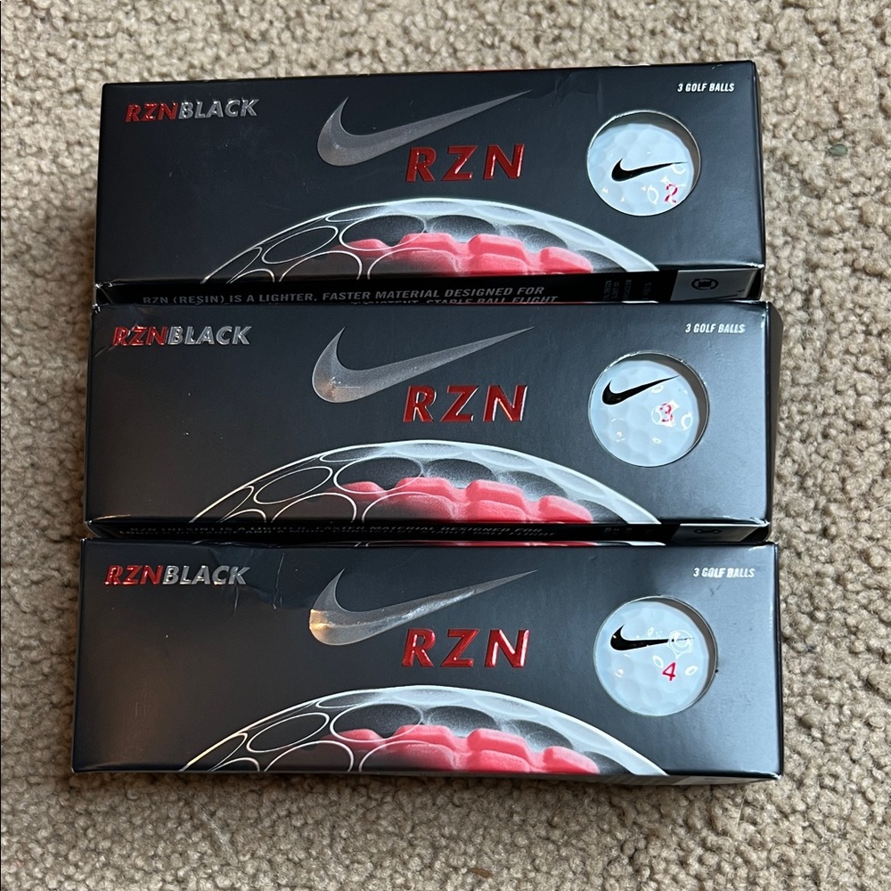 New - 3 Boxes Nike RZN Black Golf Balls - Logos